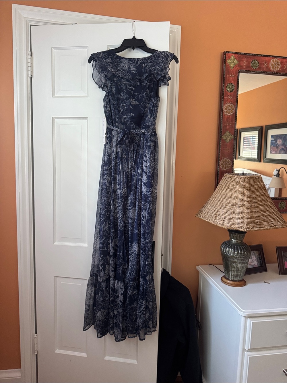 Sleeveless Navy Floral Ruffle Maxi Dress from Aqua.  Size XS
